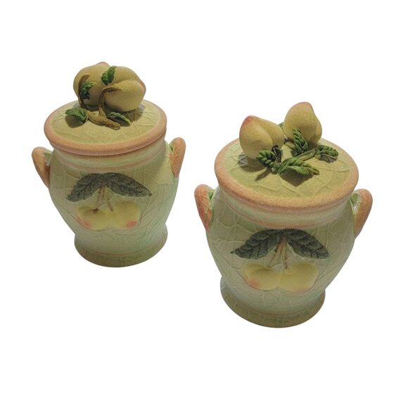 Set of 2 Crackle Ceramic Pastel Green Apricot Fruit Jars with Lids (EUC) - Picture 2 of 8